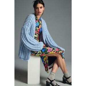 Anthropologie SAACHI Chunky Knit Oversized Cardigan Sweater Light Blue OS